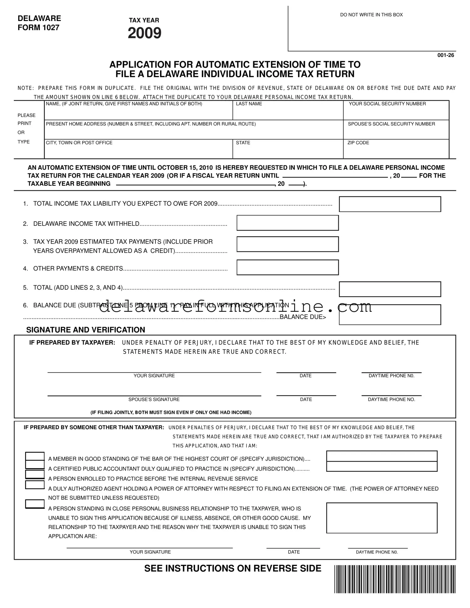 Official Delaware 1027 Form in PDF