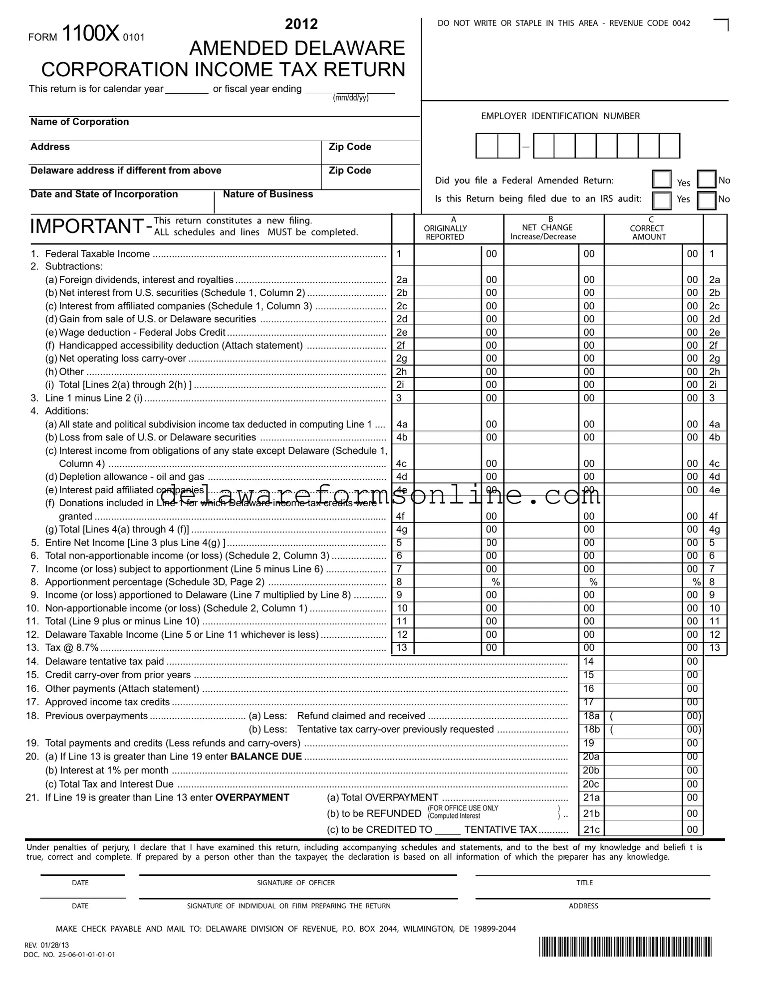 Official Delaware 1100X Form in PDF