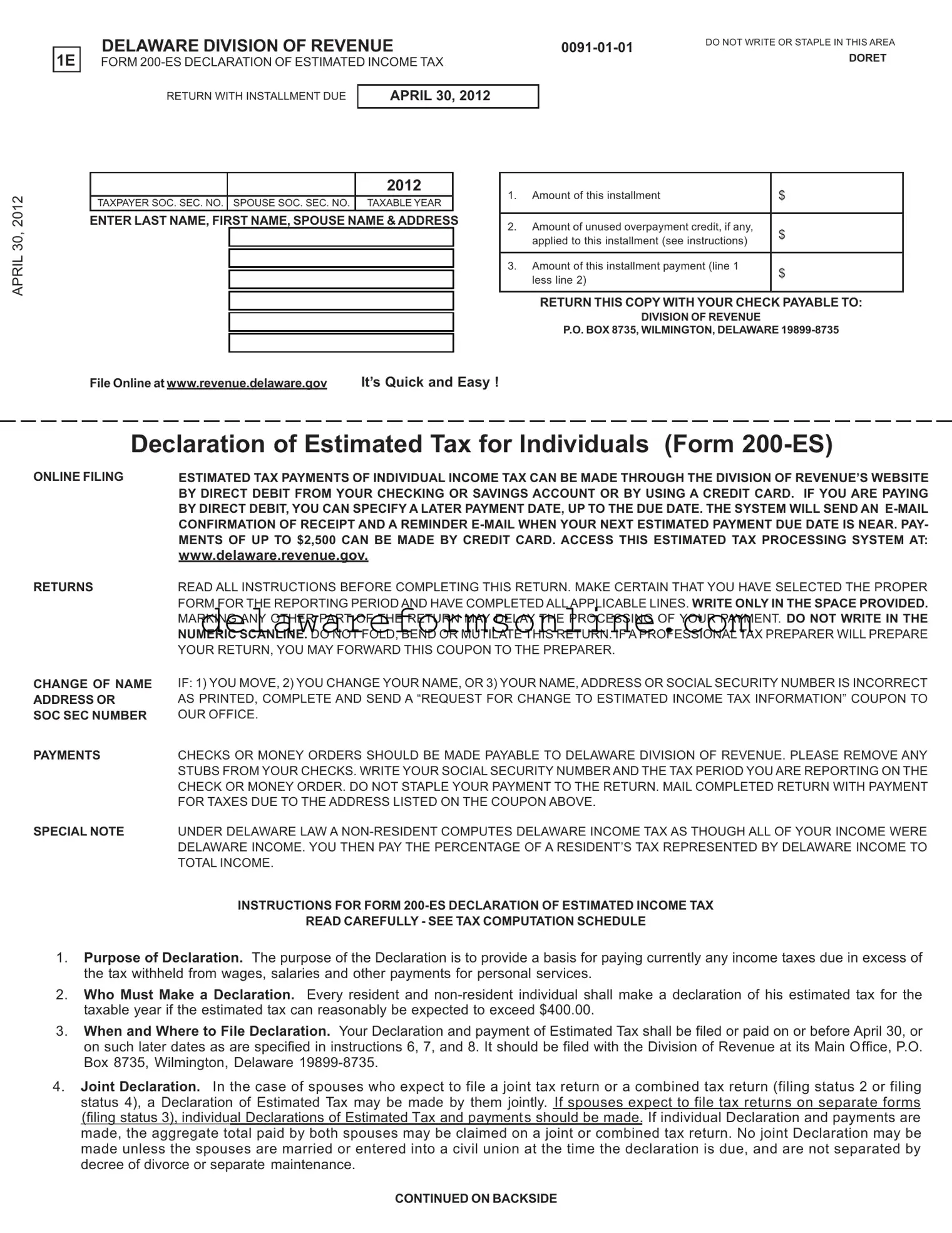 Official Delaware 200 Es Form in PDF