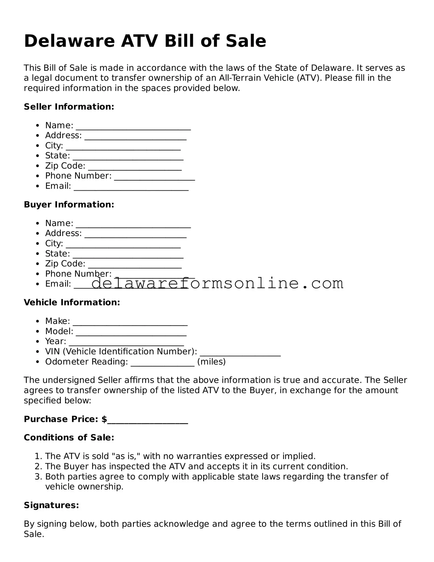 Fillable ATV Bill of Sale Document for the State of Delaware