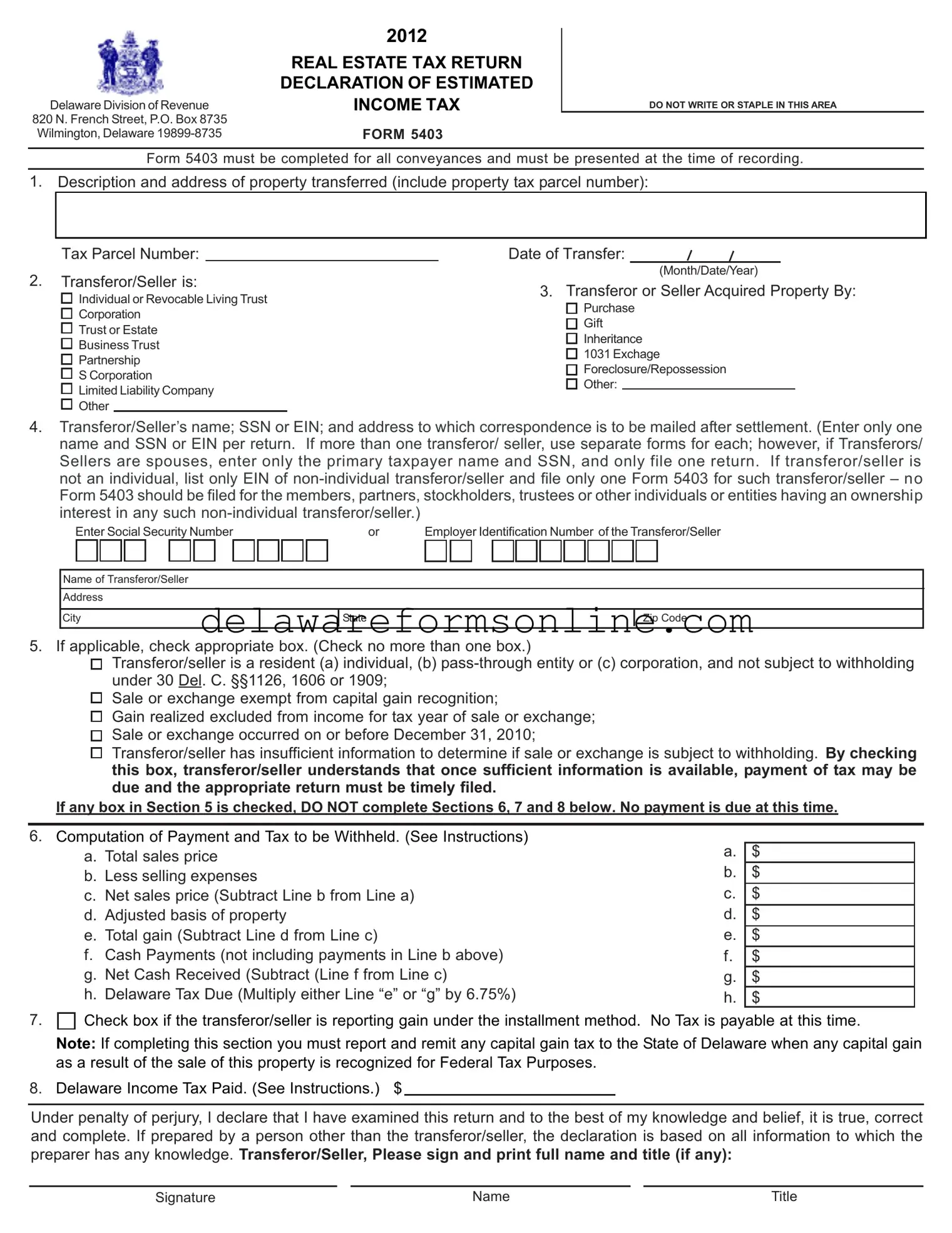 Official Delaware 5403 Form in PDF