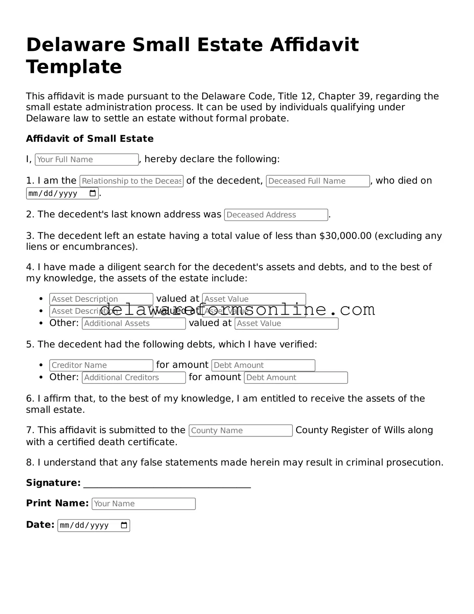 Fillable Small Estate Affidavit Document for the State of Delaware
