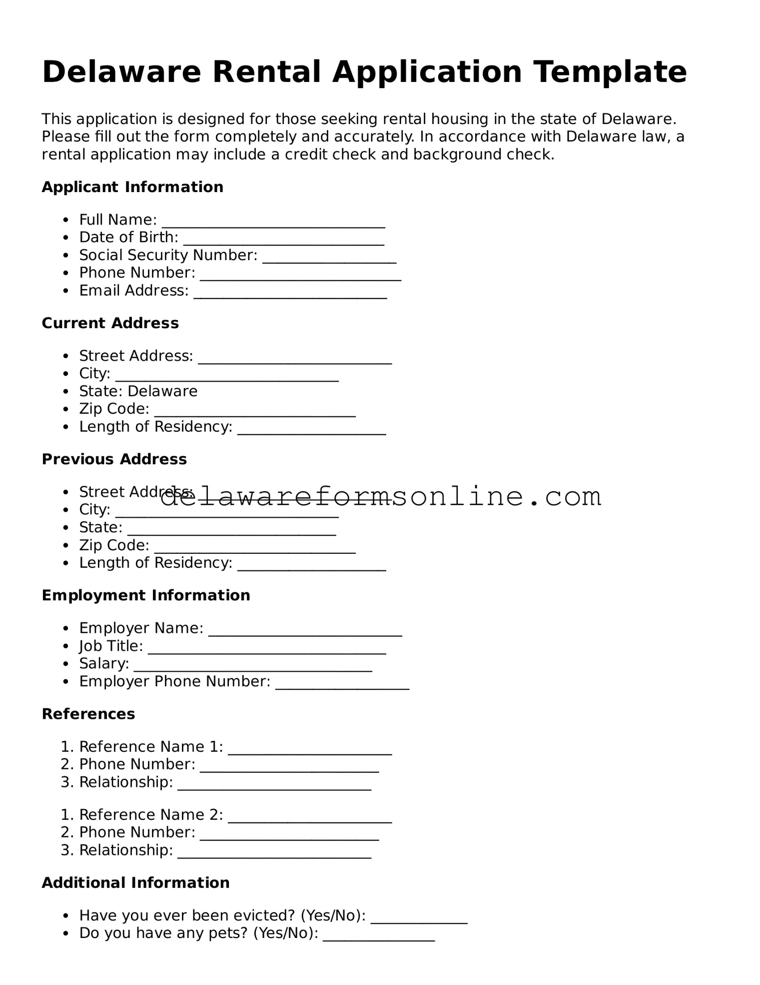 Fillable Rental Application Document for the State of Delaware