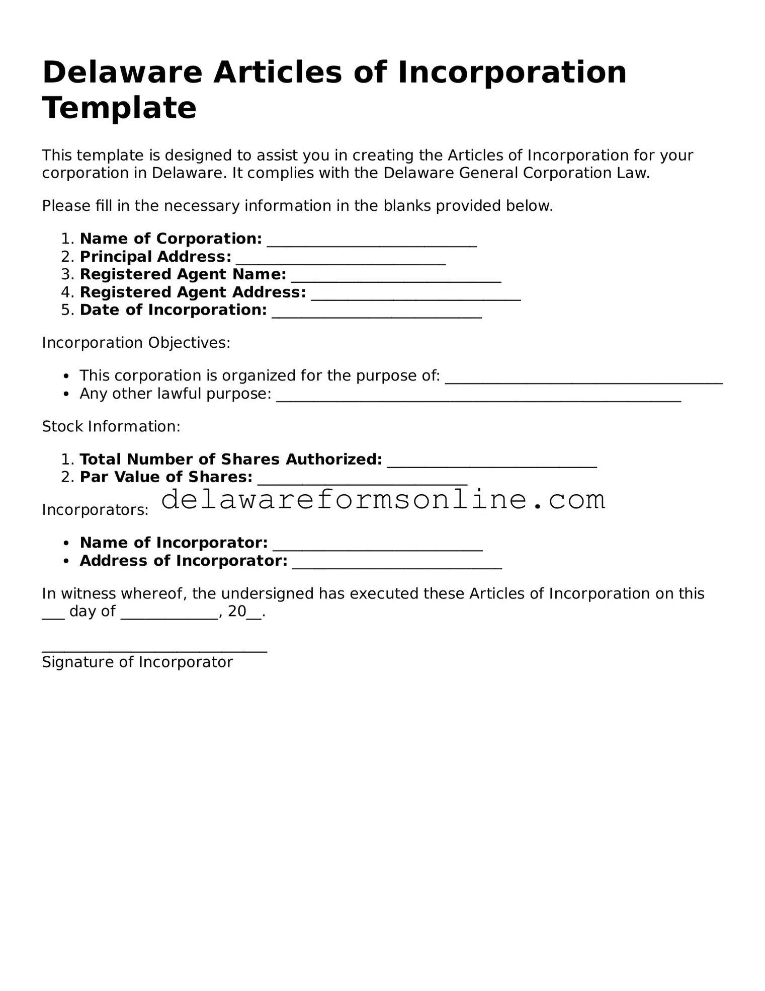 Fillable Articles of Incorporation Document for the State of Delaware