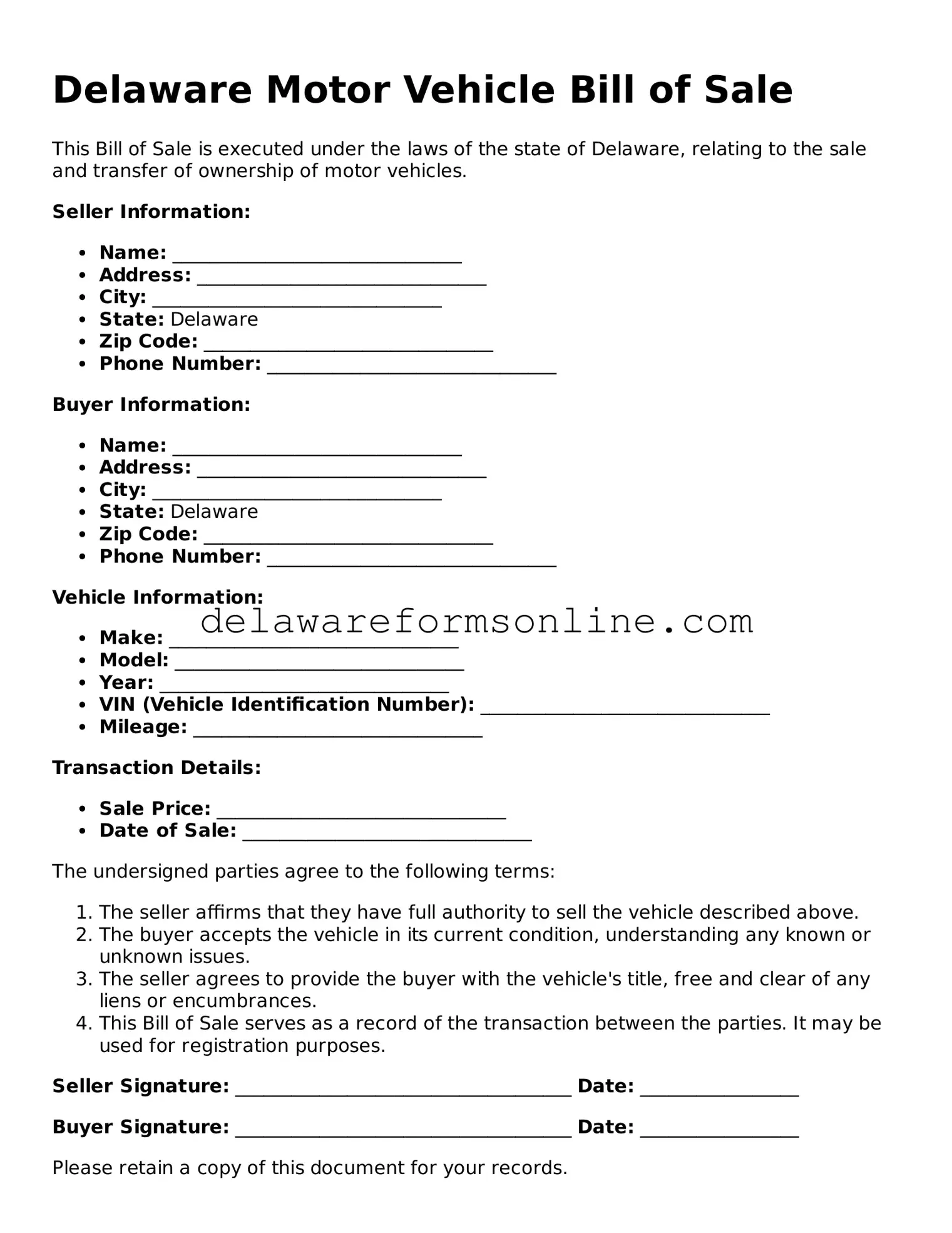 Fillable Motor Vehicle Bill of Sale Document for the State of Delaware