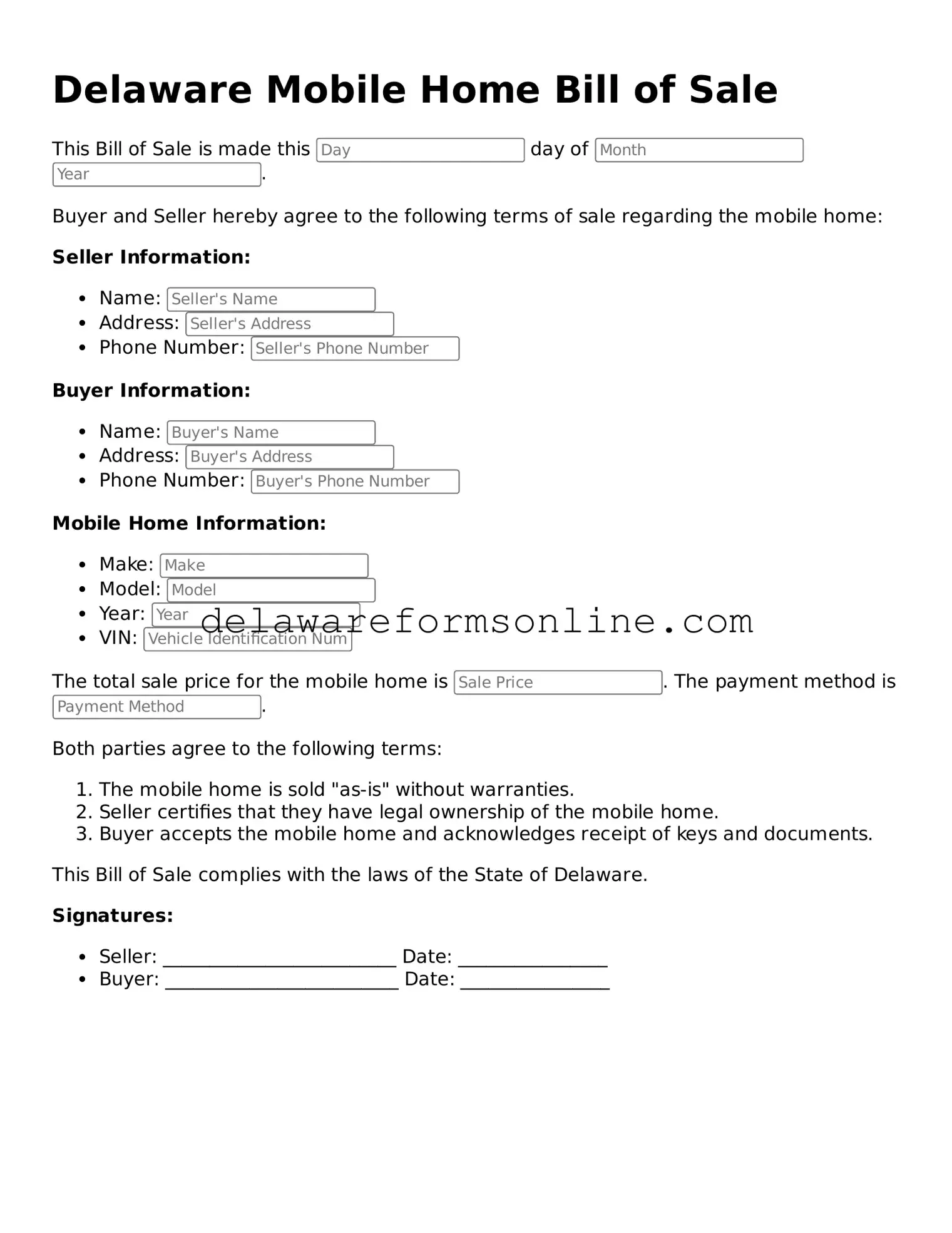 Fillable Mobile Home Bill of Sale Document for the State of Delaware