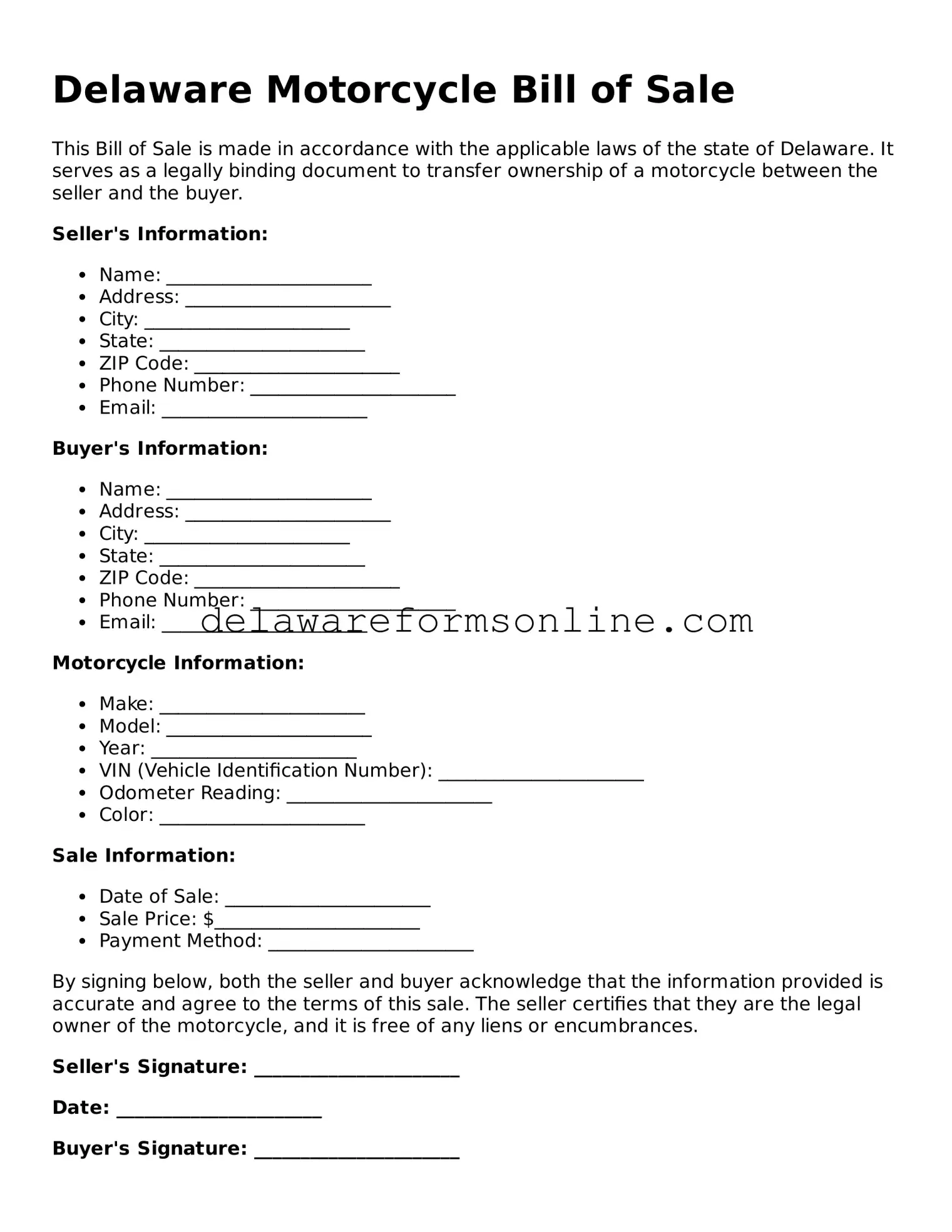 Fillable Motorcycle Bill of Sale Document for the State of Delaware