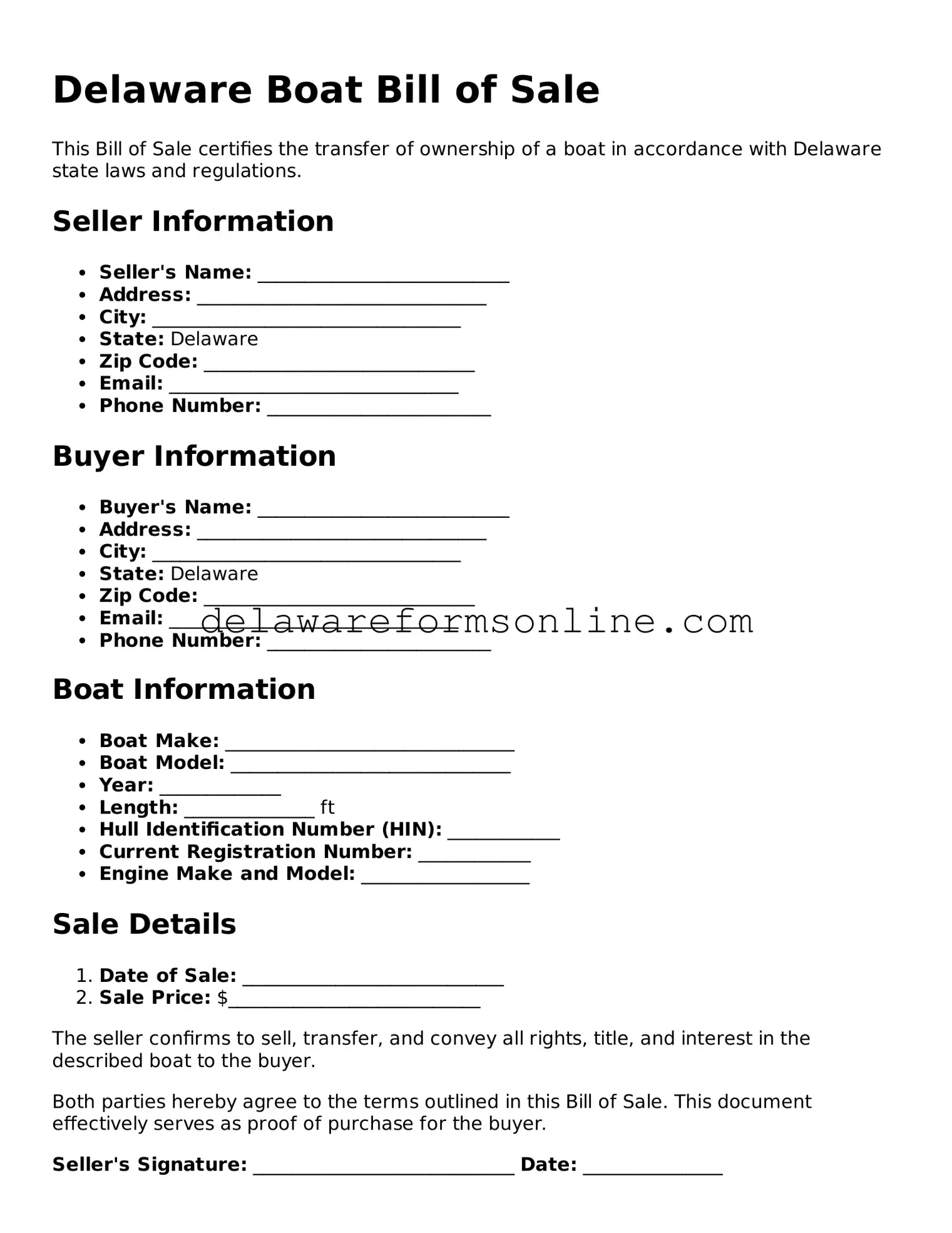 Fillable Boat Bill of Sale Document for the State of Delaware
