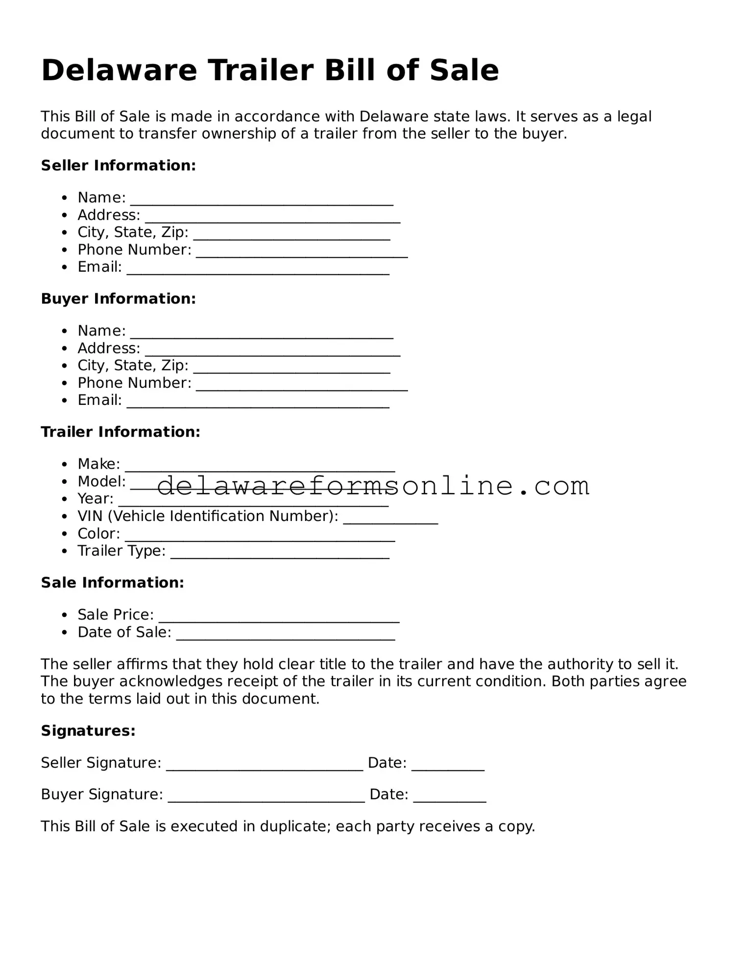 Fillable Trailer Bill of Sale Document for the State of Delaware