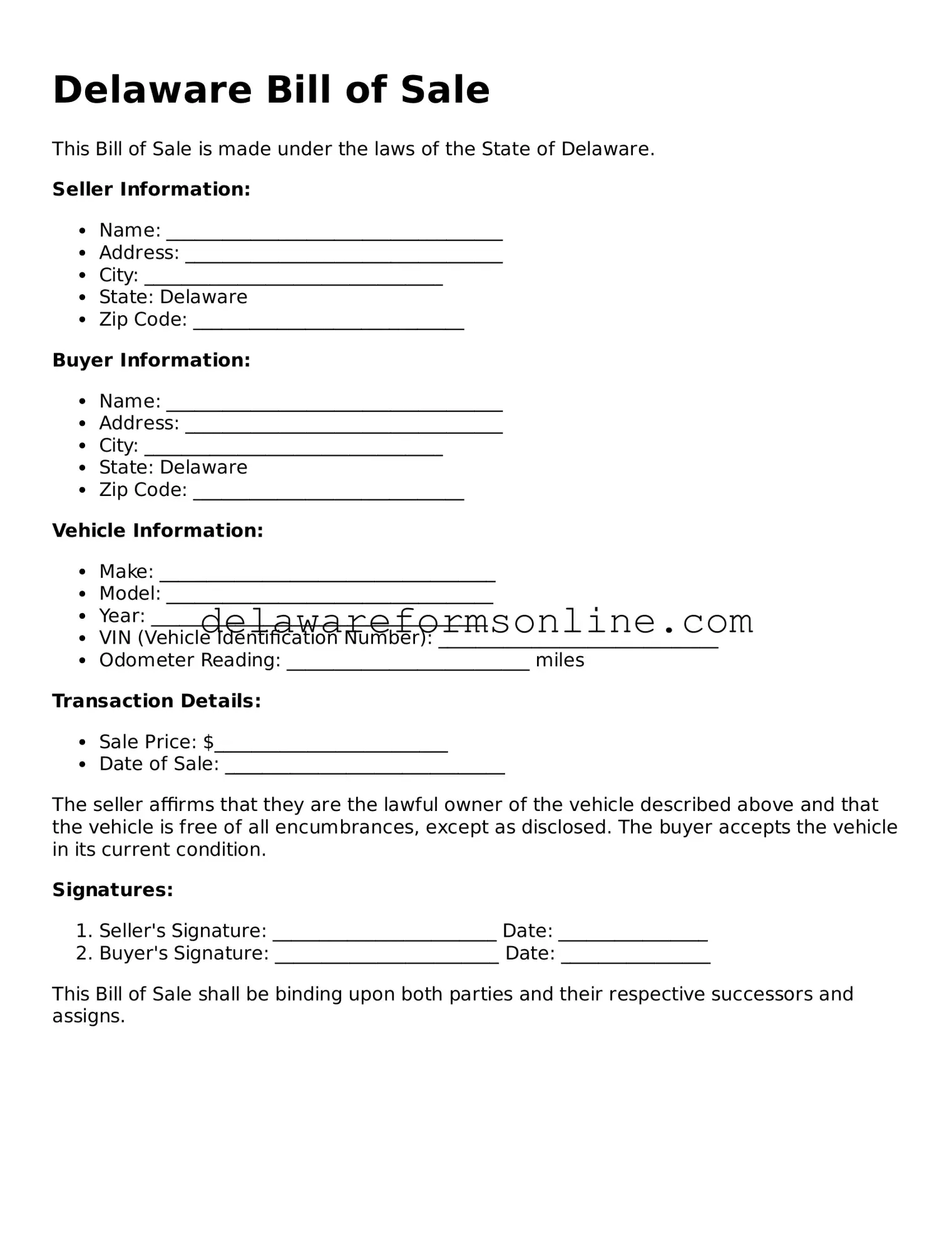 Fillable Bill of Sale Document for the State of Delaware