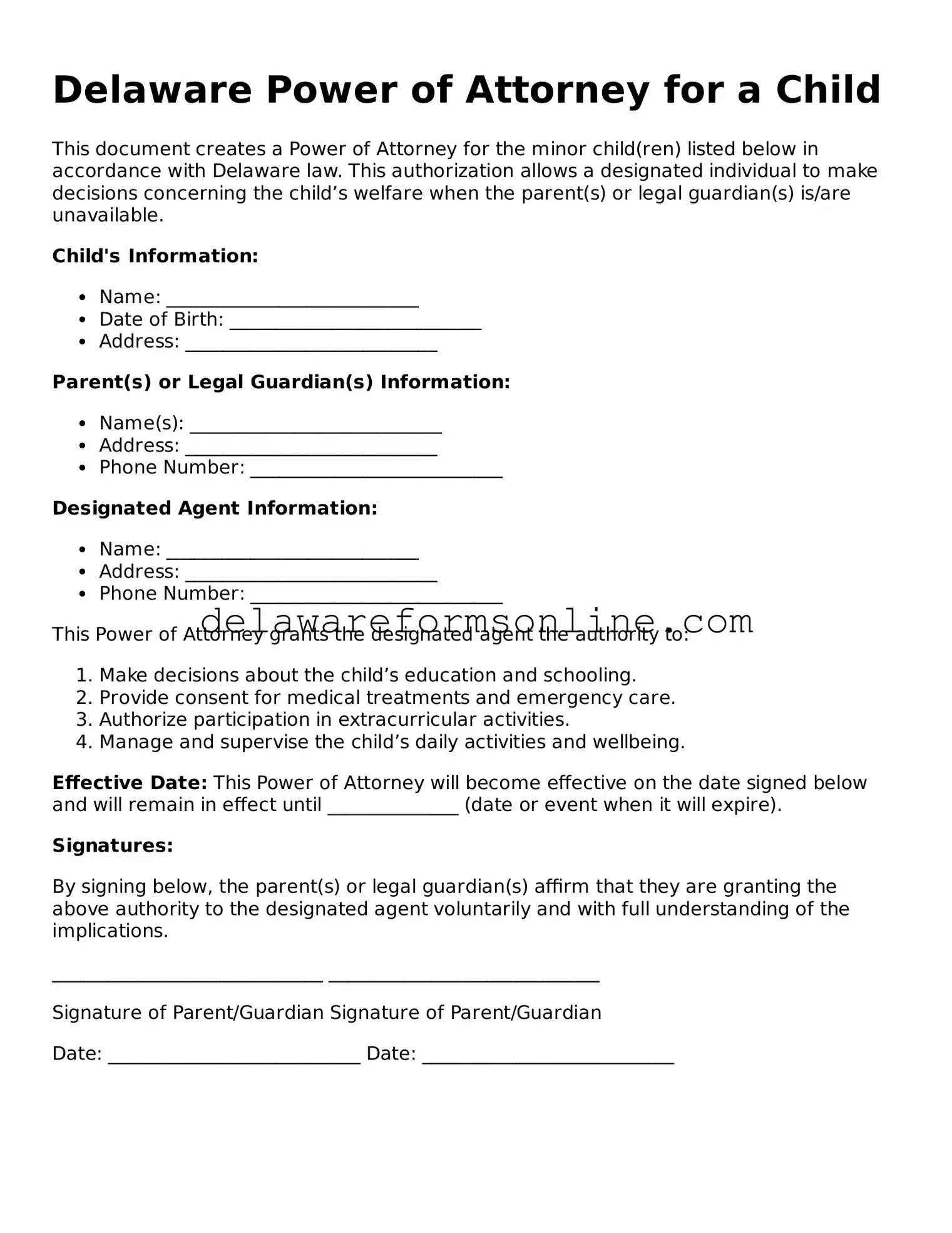 Fillable Power of Attorney for a Child Document for the State of Delaware