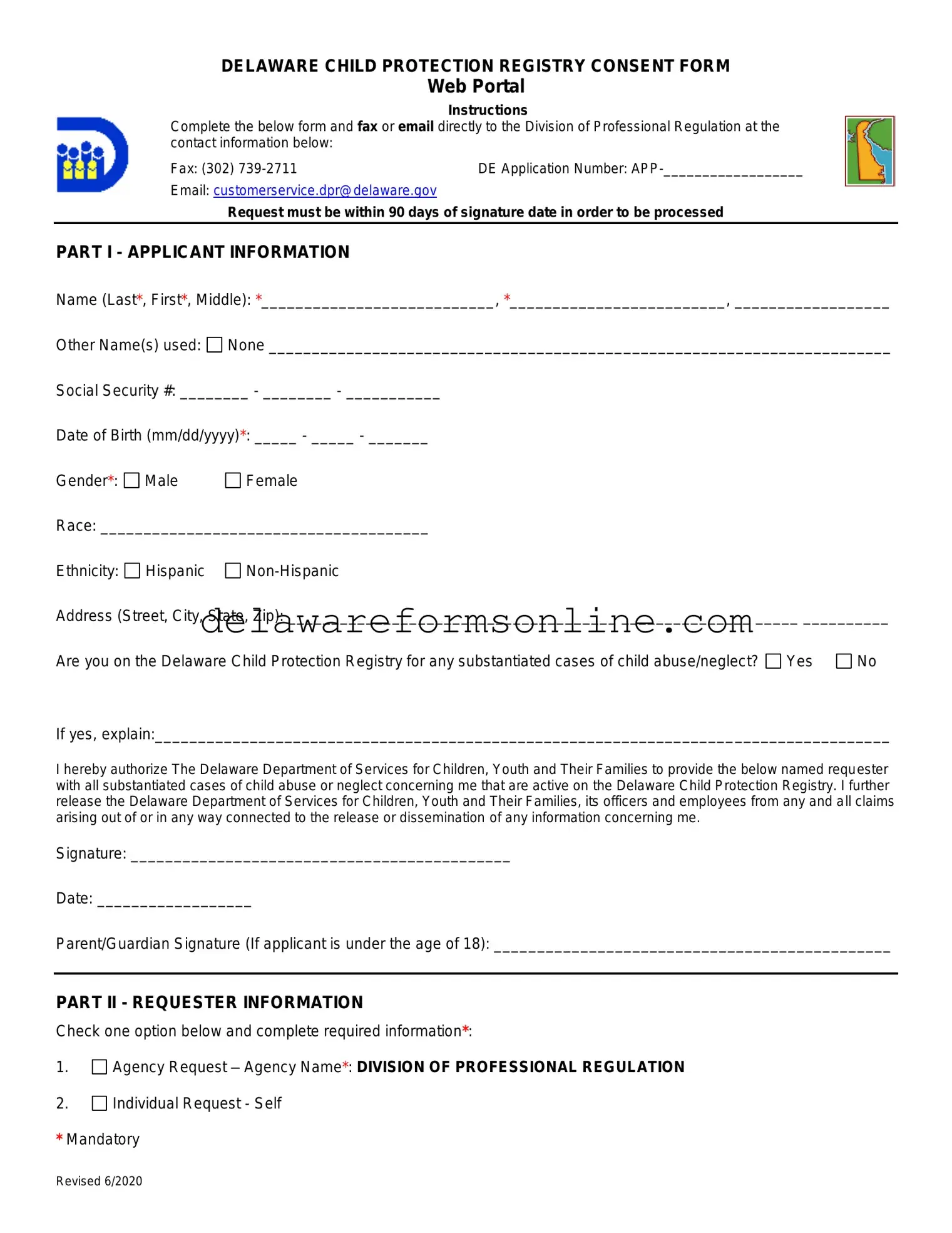 Official Delaware Child Protective Registry Form in PDF