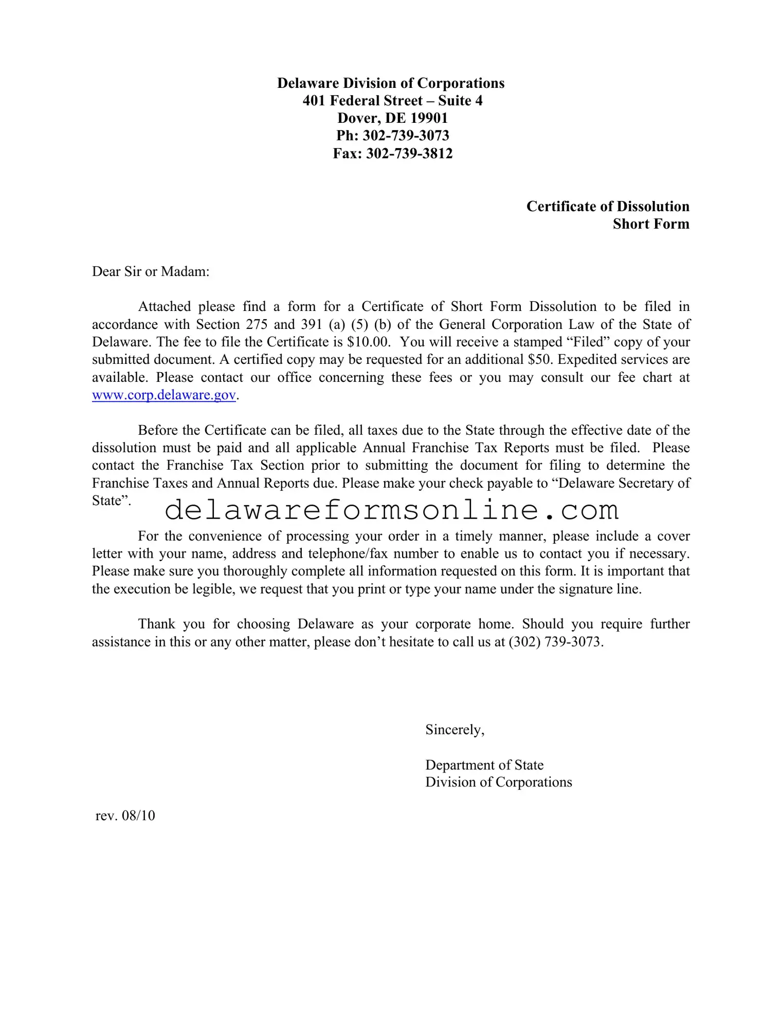 Official Delaware Corporation Dissolution Form in PDF
