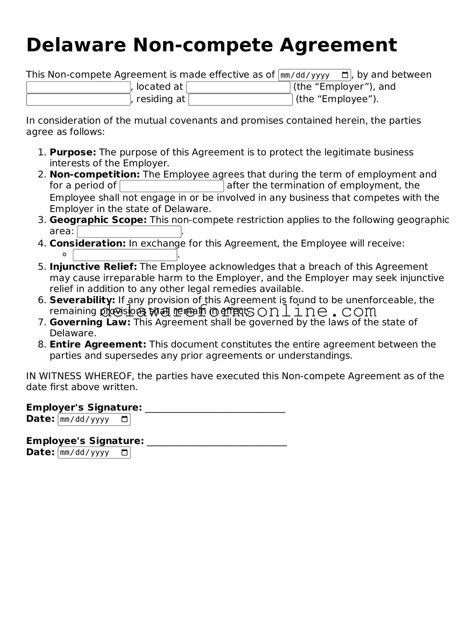 Fillable Non-compete Agreement Document for the State of Delaware