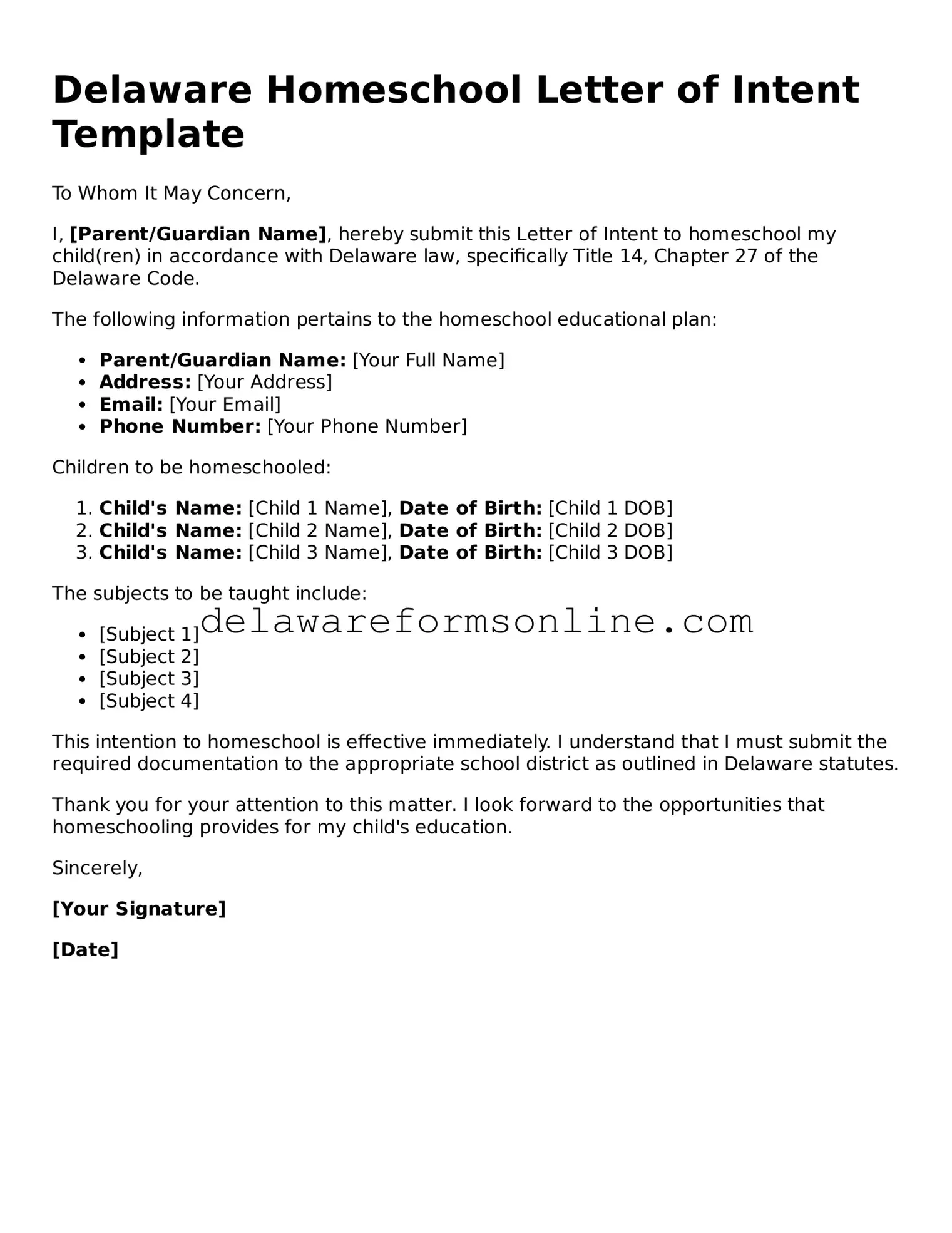 Fillable Homeschool Letter of Intent Document for the State of Delaware