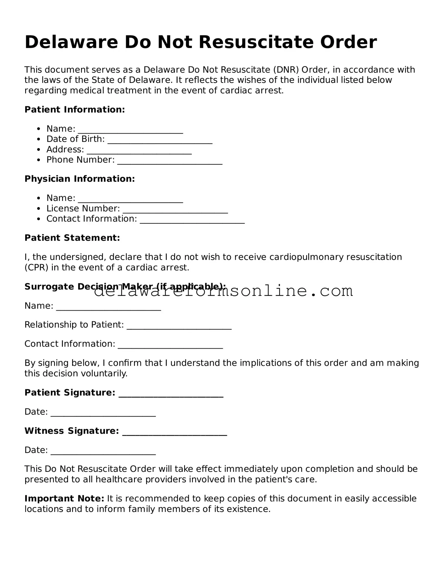 Fillable Do Not Resuscitate Order Document for the State of Delaware