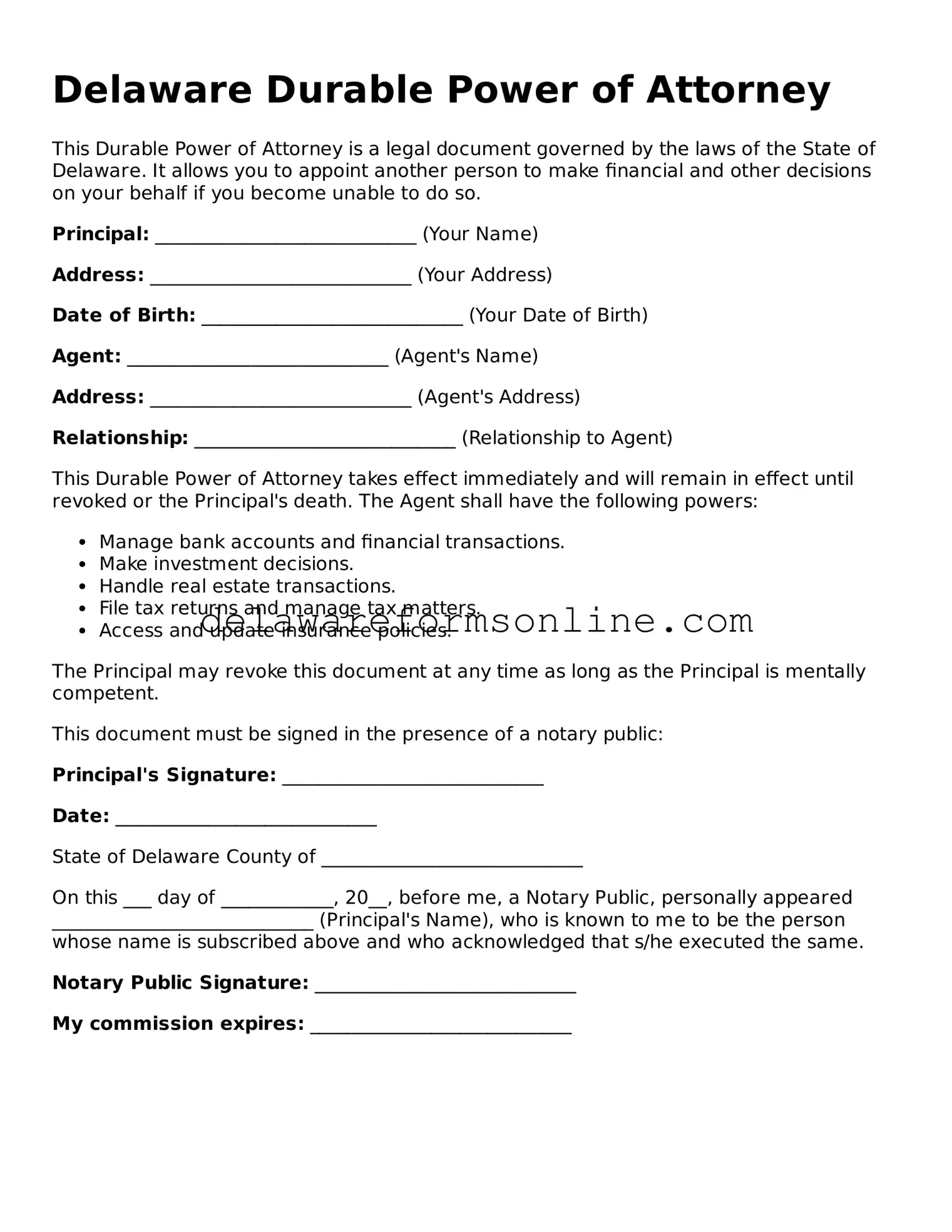 Fillable Durable Power of Attorney Document for the State of Delaware