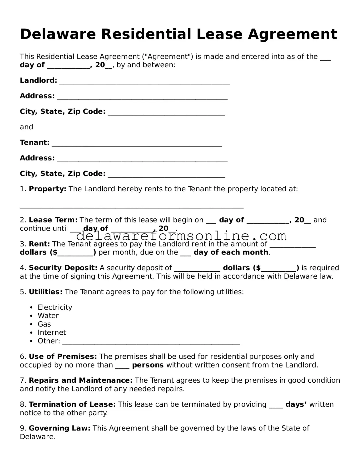 Fillable Residential Lease Agreement Document for the State of Delaware