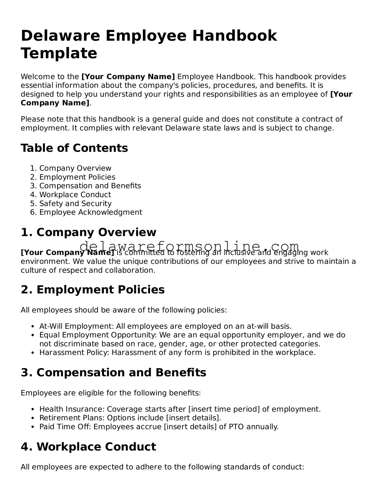 Fillable Employee Handbook Document for the State of Delaware