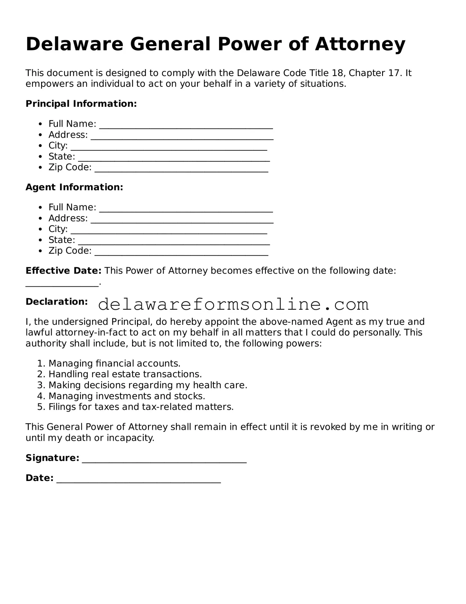 Fillable General Power of Attorney Document for the State of Delaware