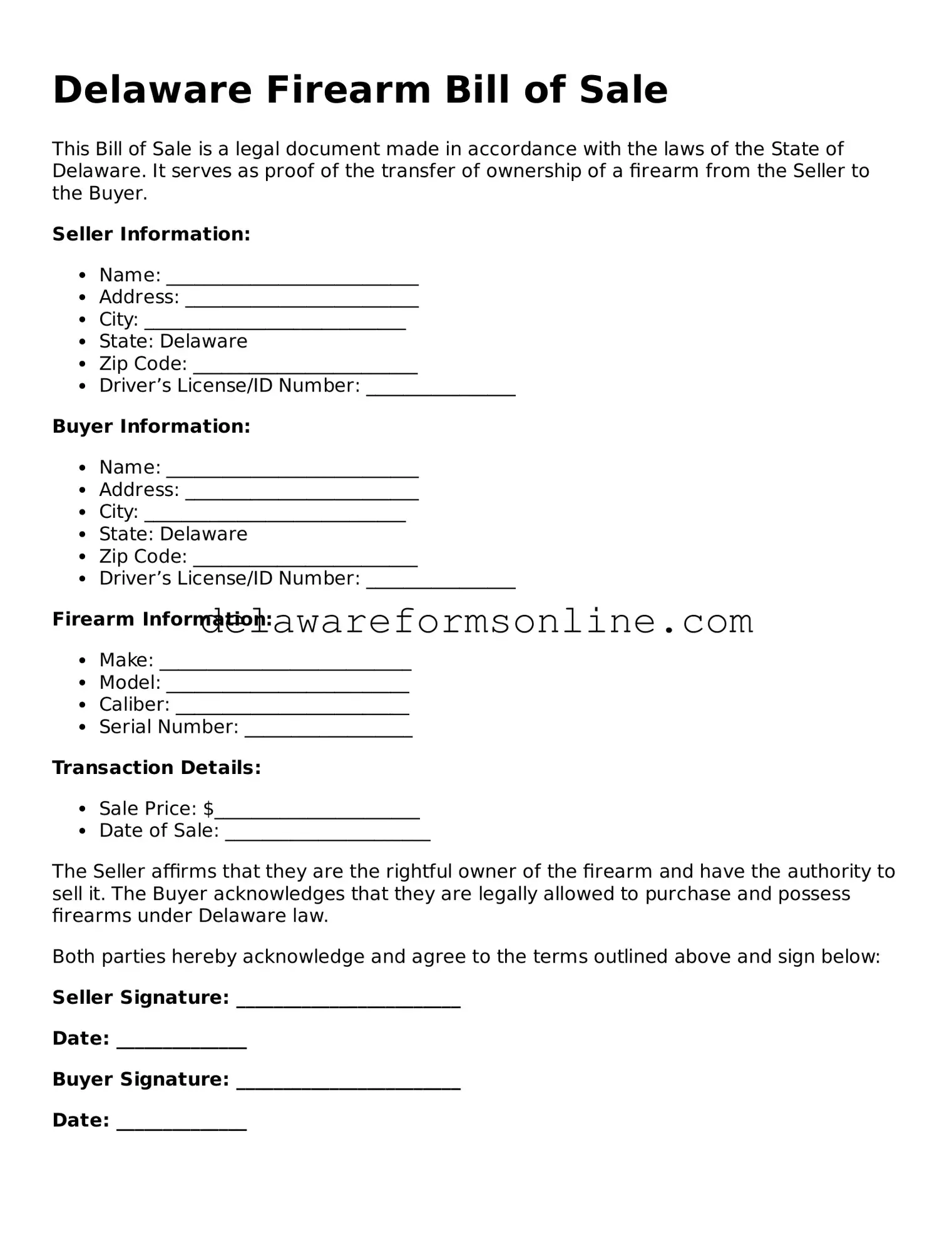 Fillable Firearm Bill of Sale Document for the State of Delaware