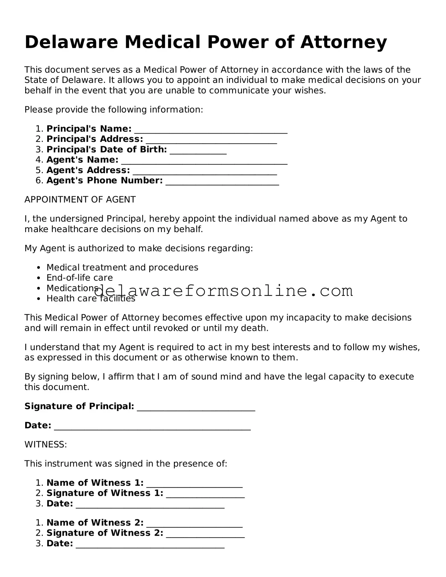 Fillable Medical Power of Attorney Document for the State of Delaware