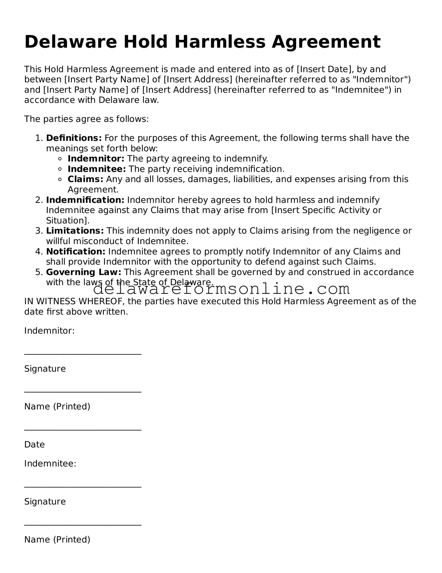 Fillable Hold Harmless Agreement Document for the State of Delaware