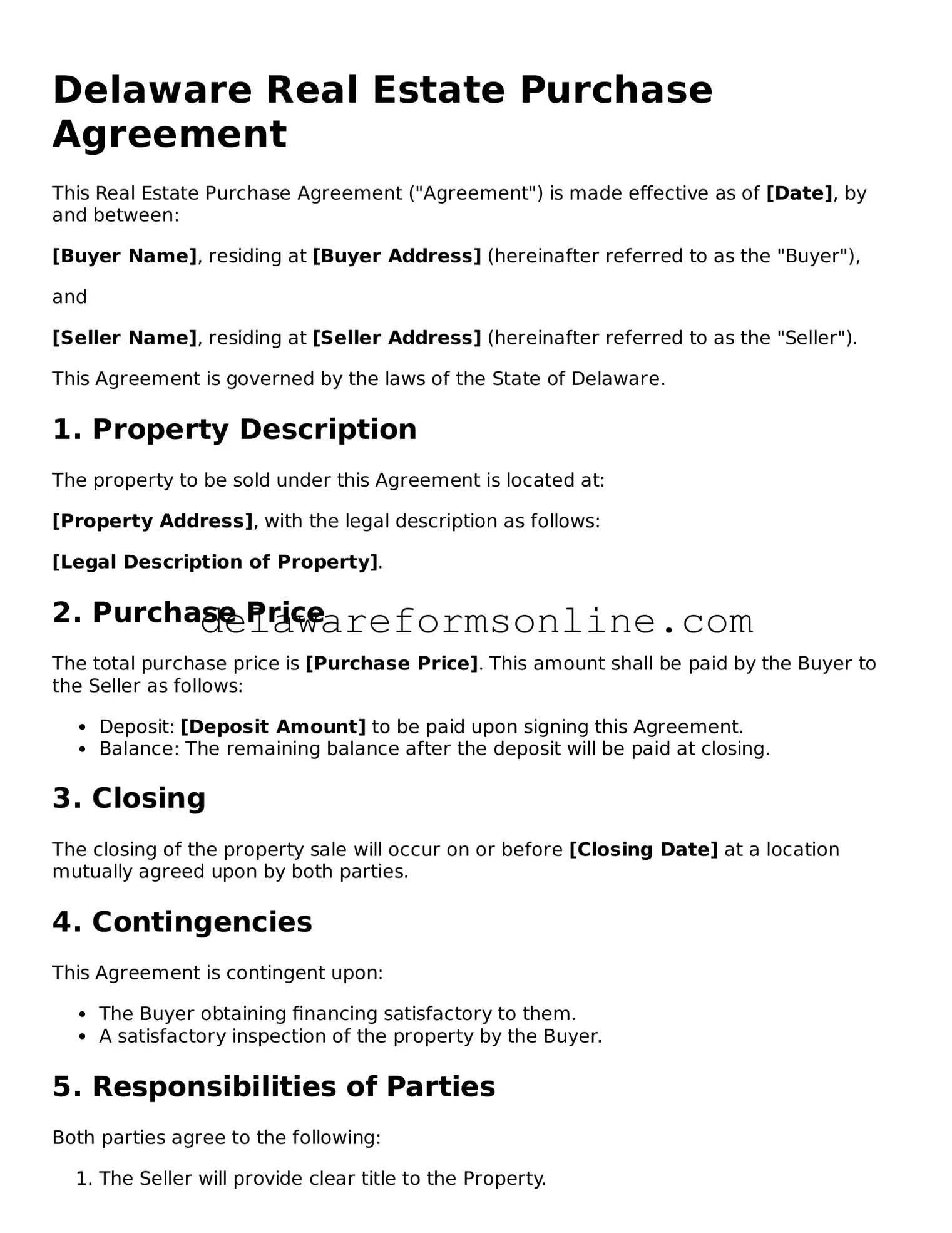 Fillable Real Estate Purchase Agreement Document for the State of Delaware