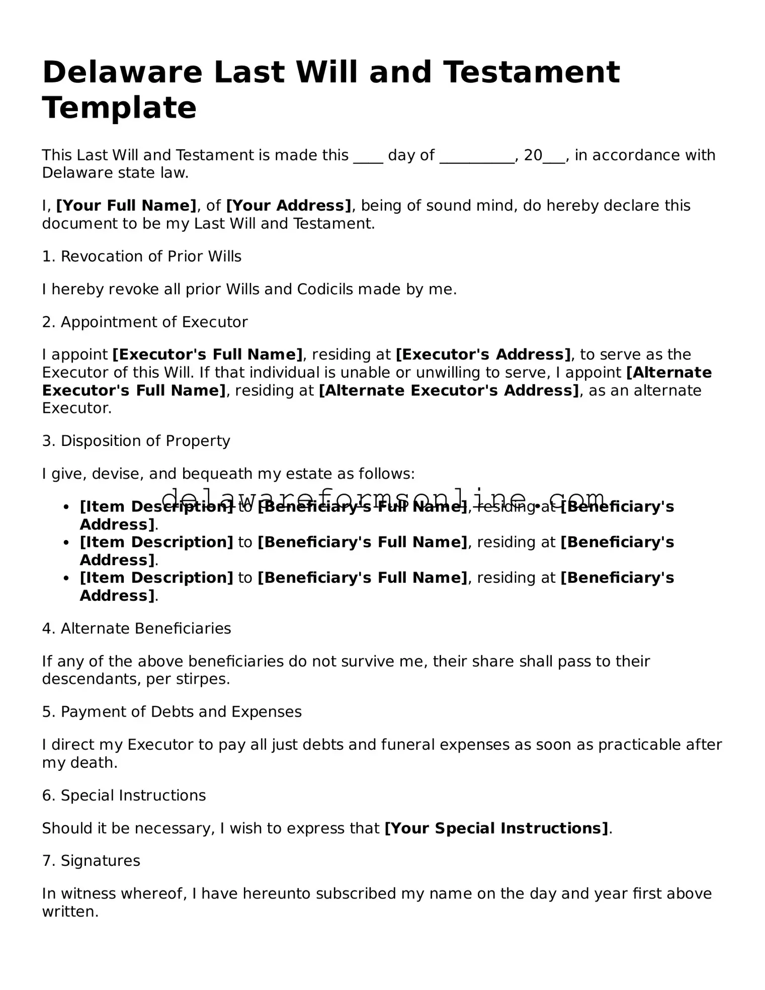 Fillable Last Will and Testament Document for the State of Delaware