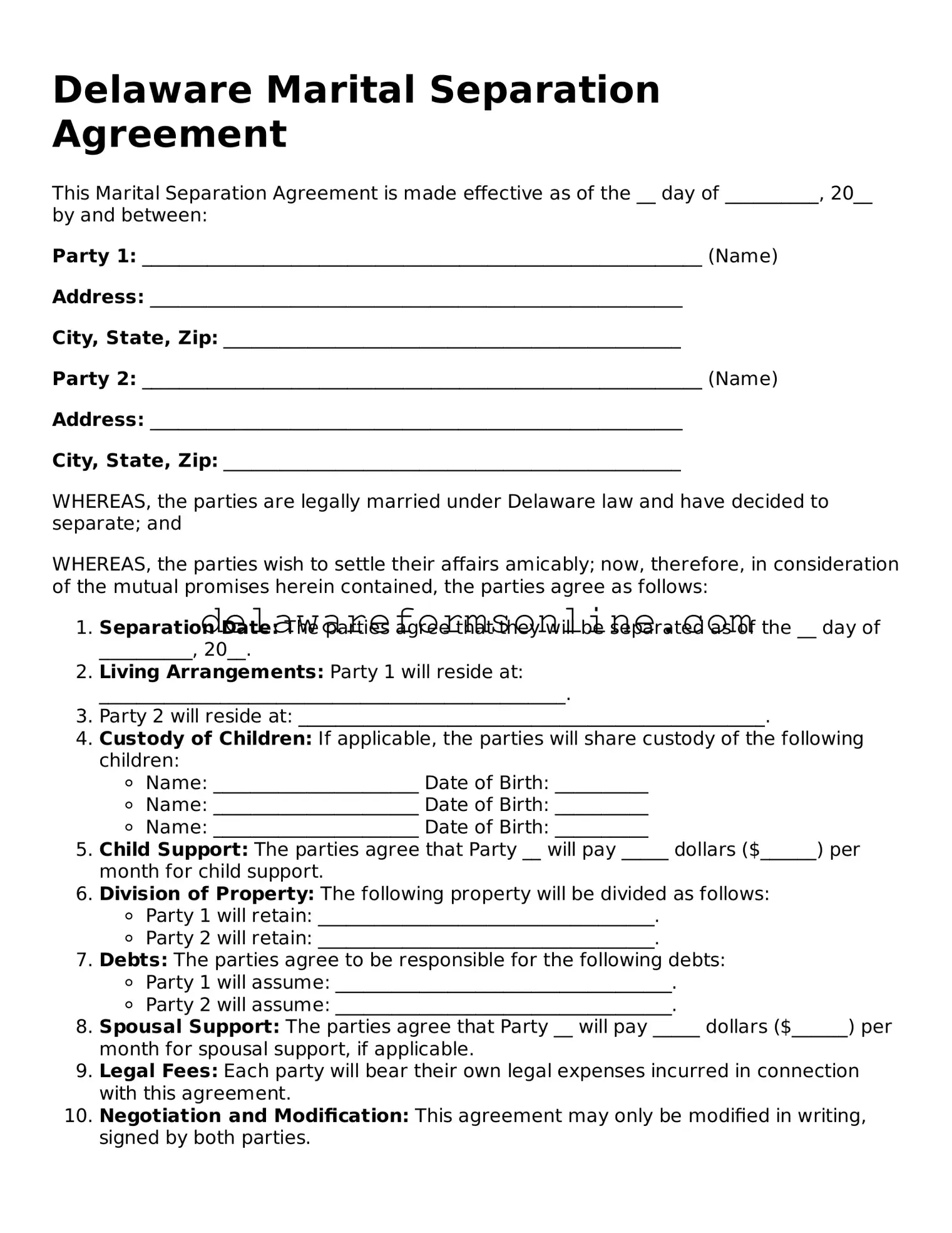 Fillable Marital Separation Agreement Document for the State of Delaware