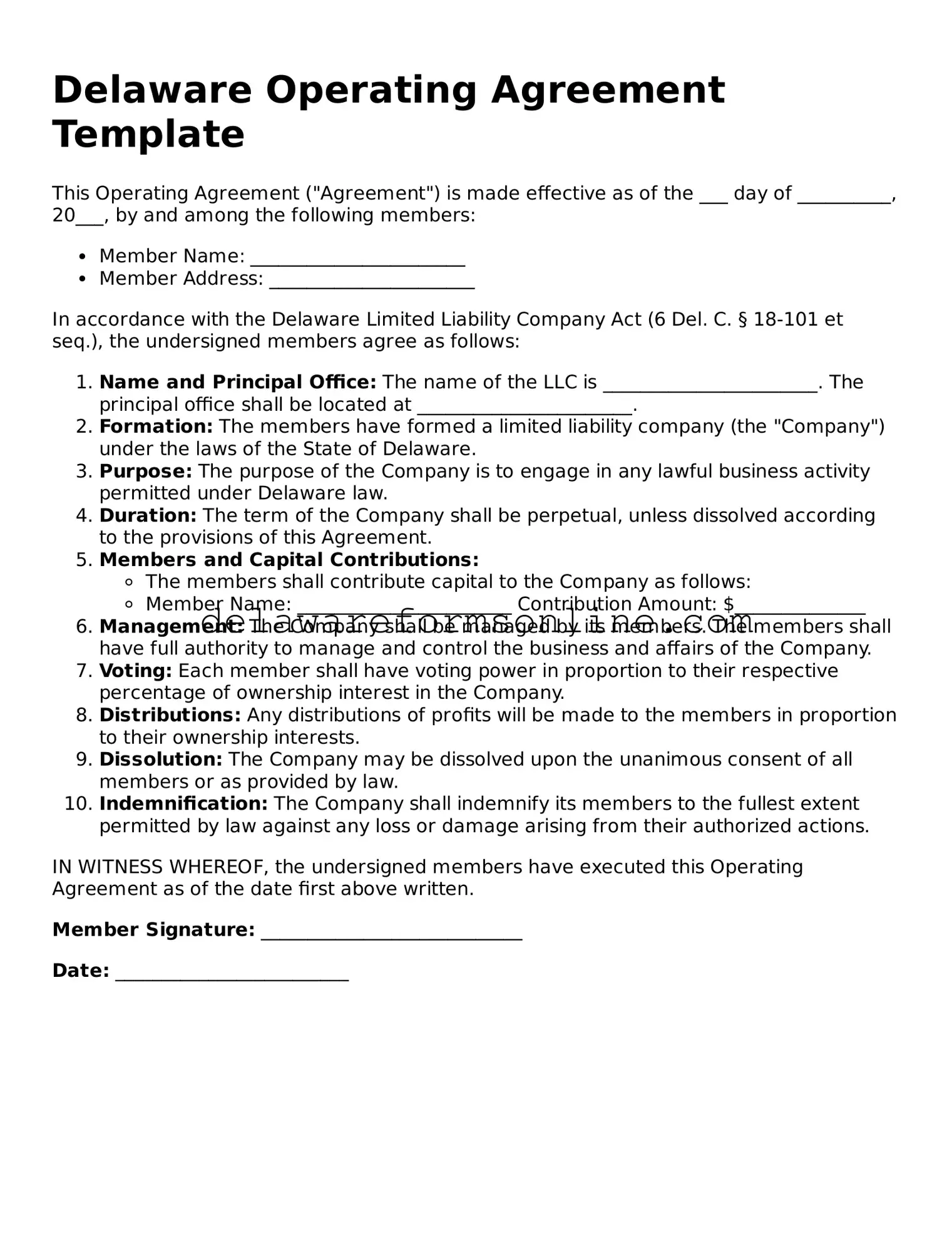 Fillable Operating Agreement Document for the State of Delaware