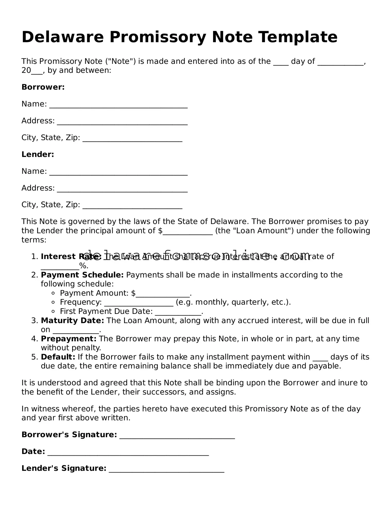 Fillable Promissory Note Document for the State of Delaware