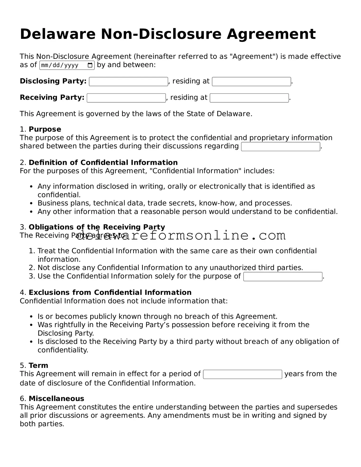 Fillable Non-disclosure Agreement Document for the State of Delaware