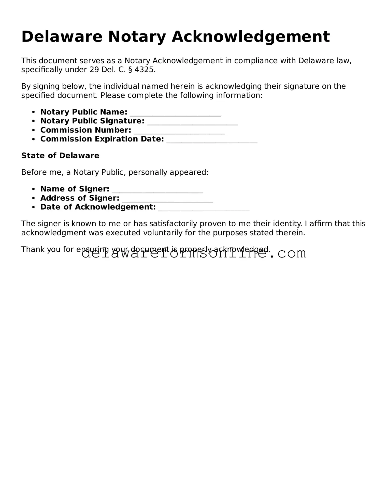 Fillable Notary Acknowledgement Document for the State of Delaware