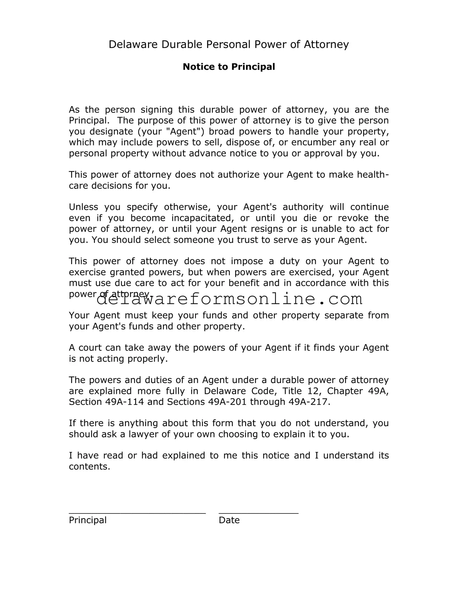 Official Delaware Notice To Principal Form in PDF