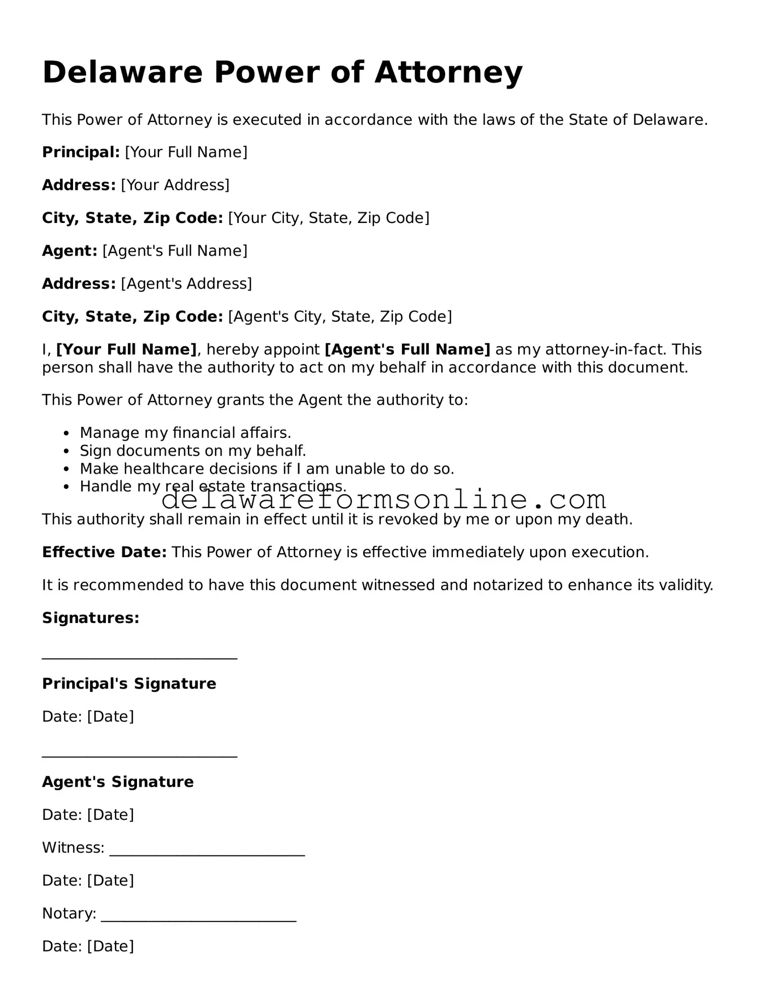 Fillable Power of Attorney Document for the State of Delaware