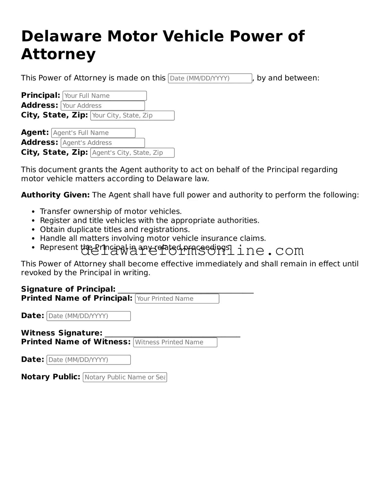 Fillable Motor Vehicle Power of Attorney Document for the State of Delaware