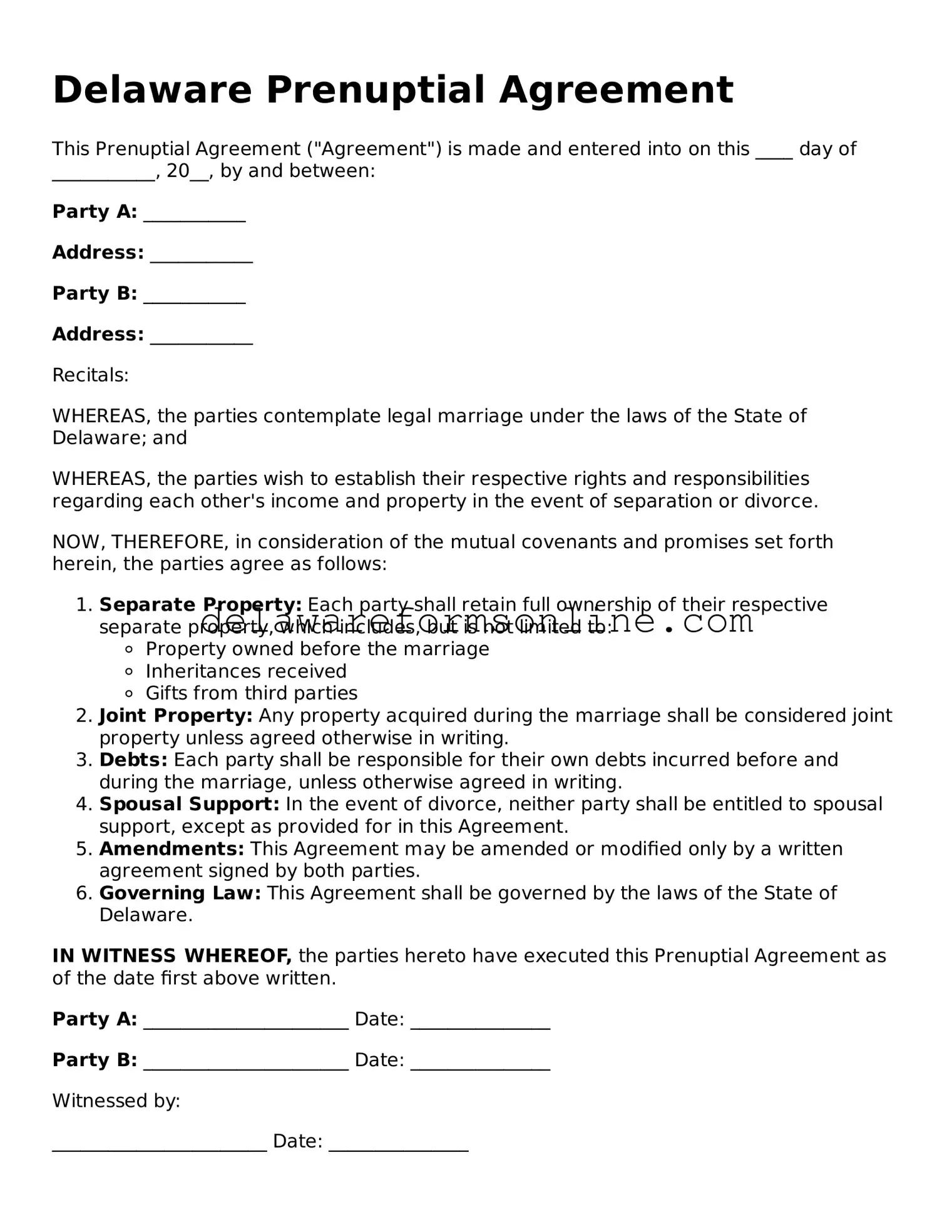 Fillable Prenuptial Agreement Document for the State of Delaware