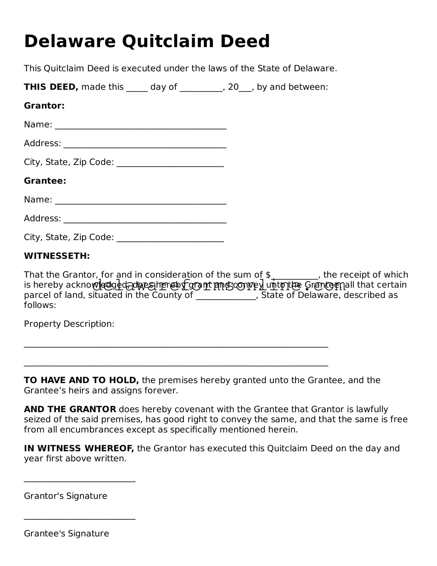 Fillable Quitclaim Deed Document for the State of Delaware