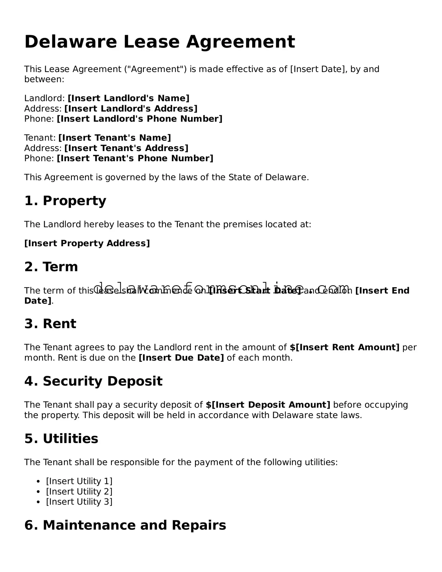 Fillable Lease Agreement Document for the State of Delaware