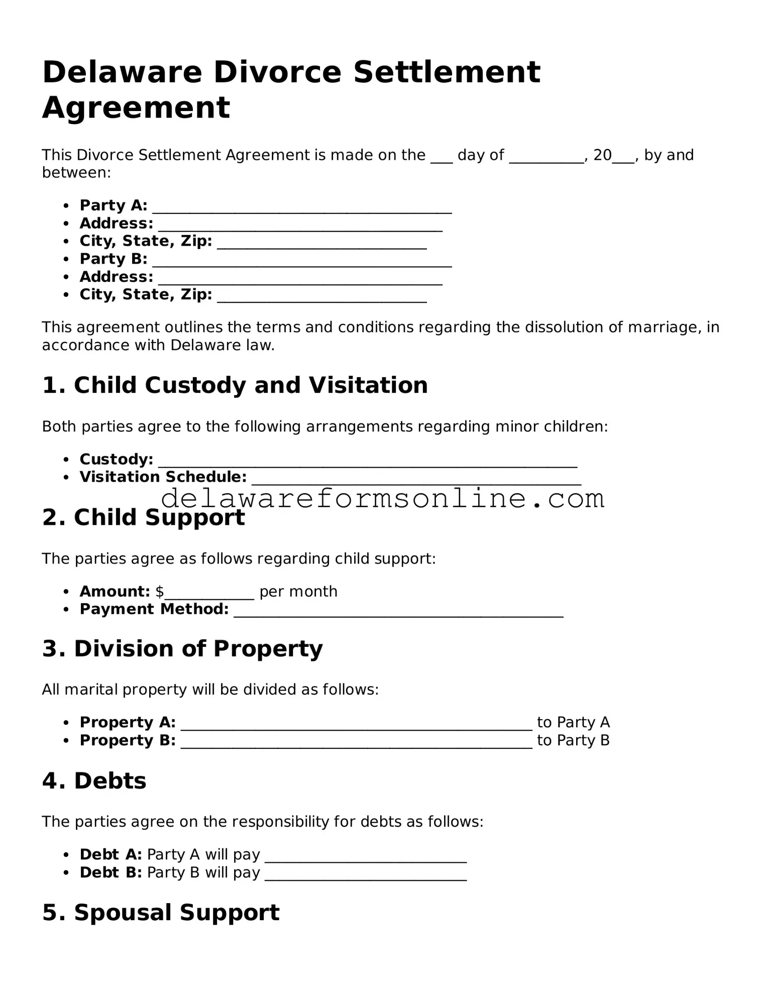Fillable Divorce Settlement Agreement Document for the State of Delaware