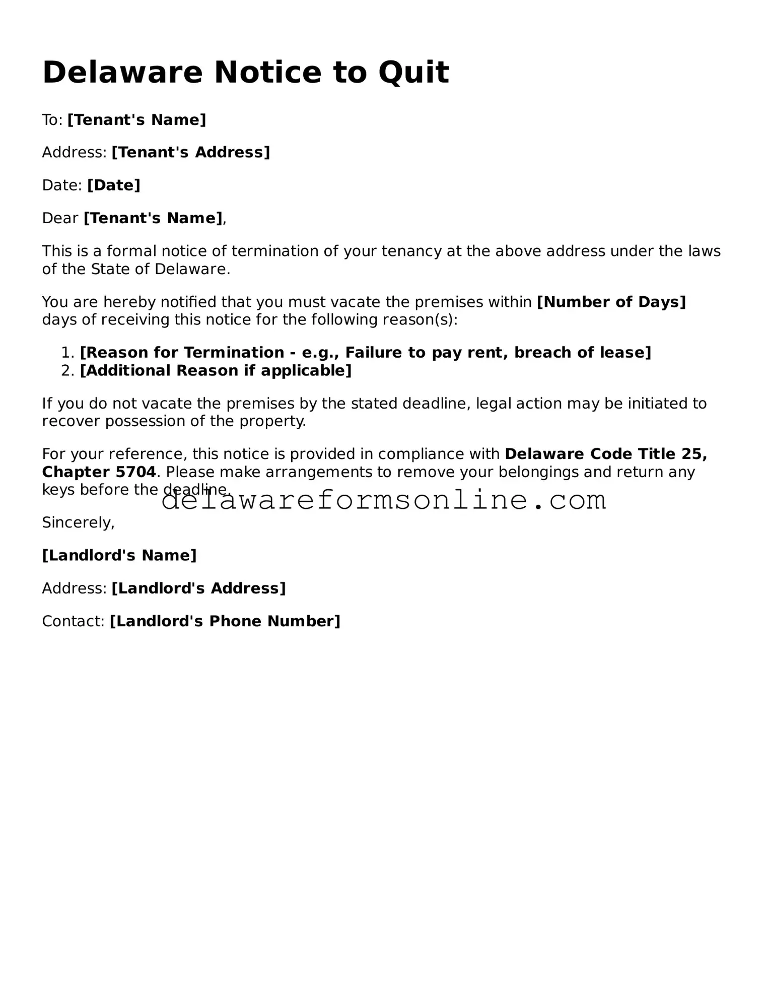 Fillable Notice to Quit Document for the State of Delaware