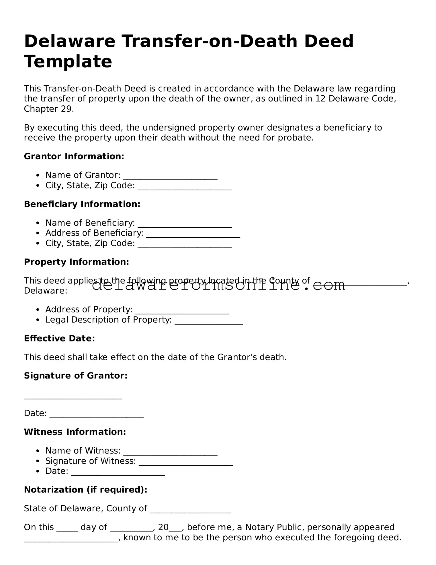 Fillable Transfer-on-Death Deed Document for the State of Delaware