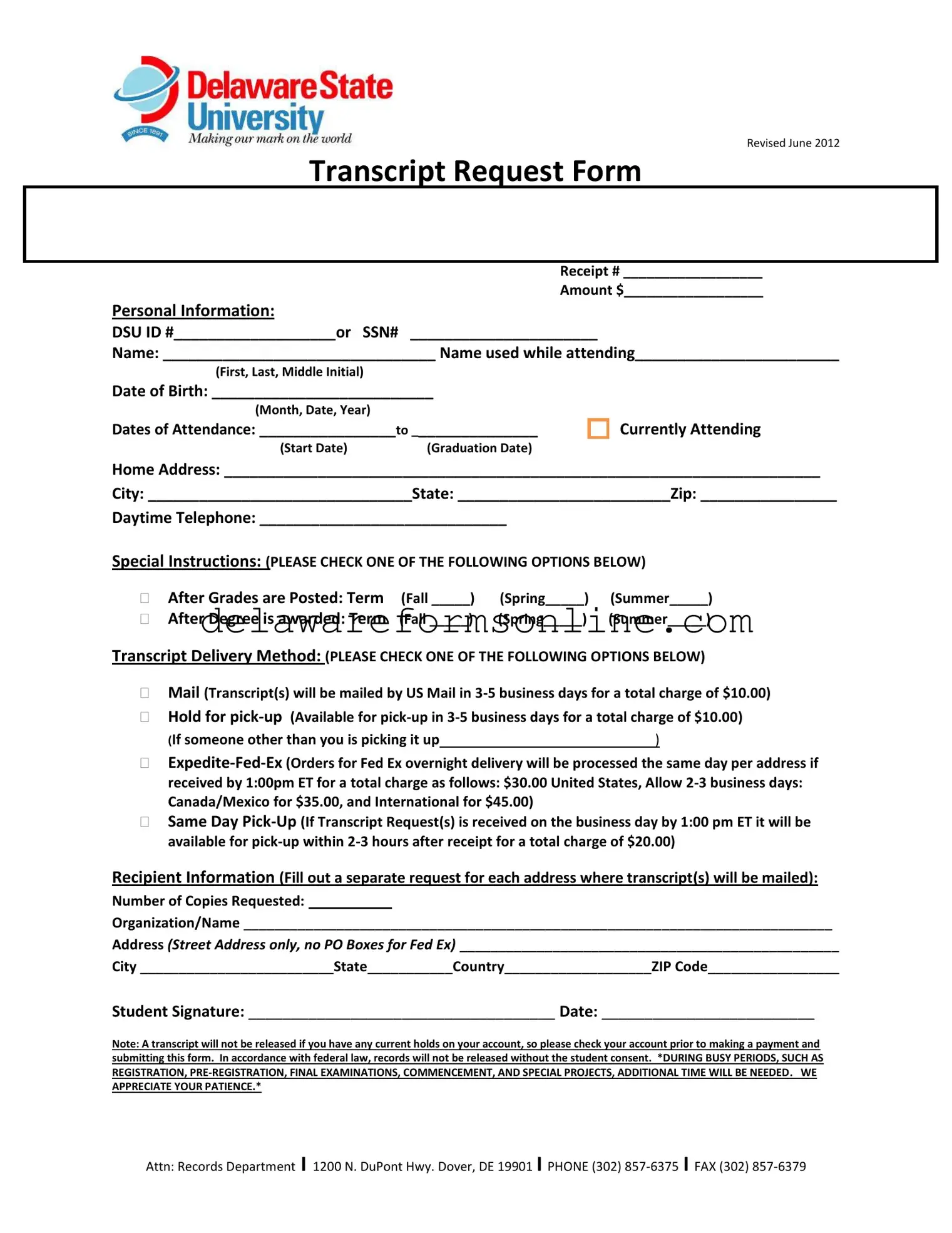 Official Delaware Transcript Request Form in PDF