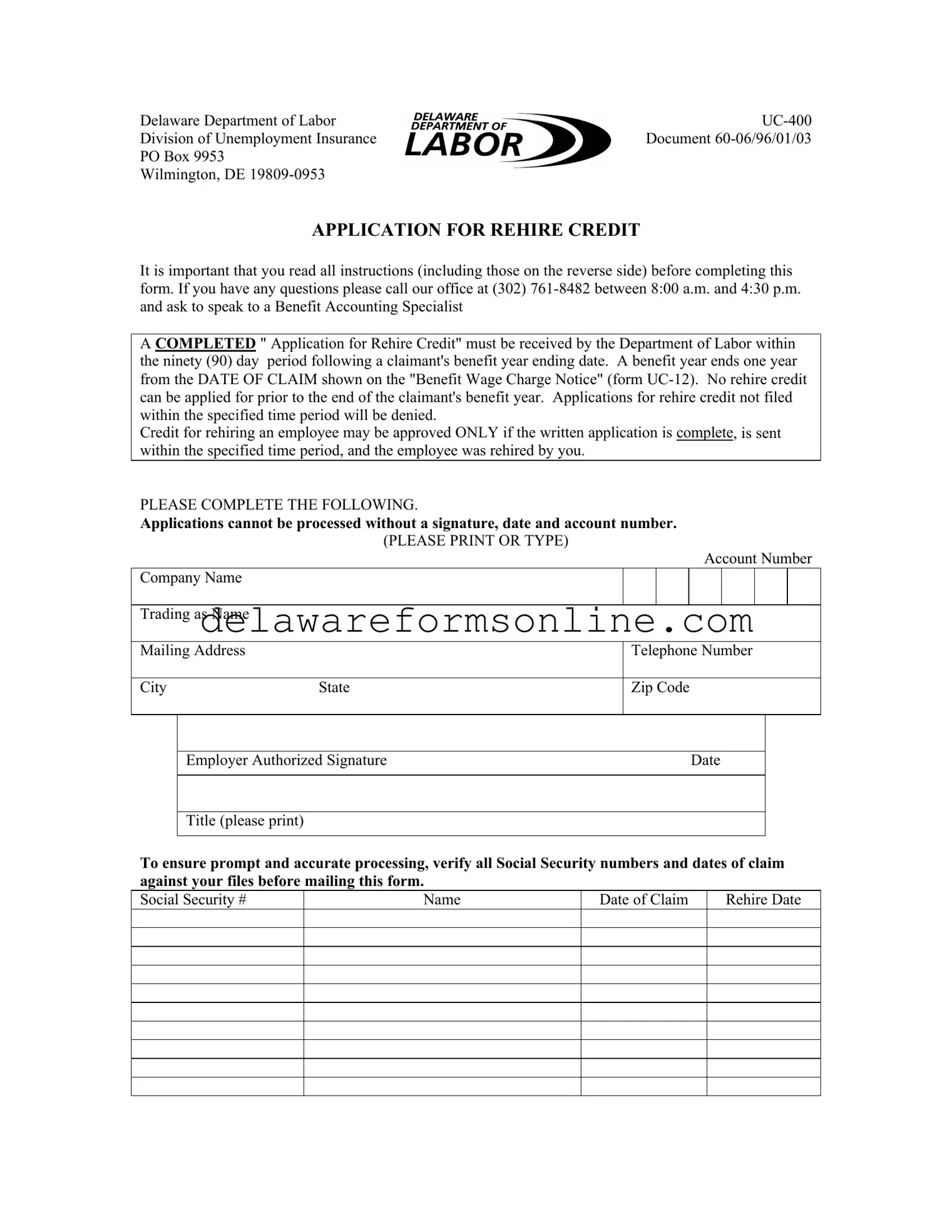 Official Delaware Uc 400 Form in PDF