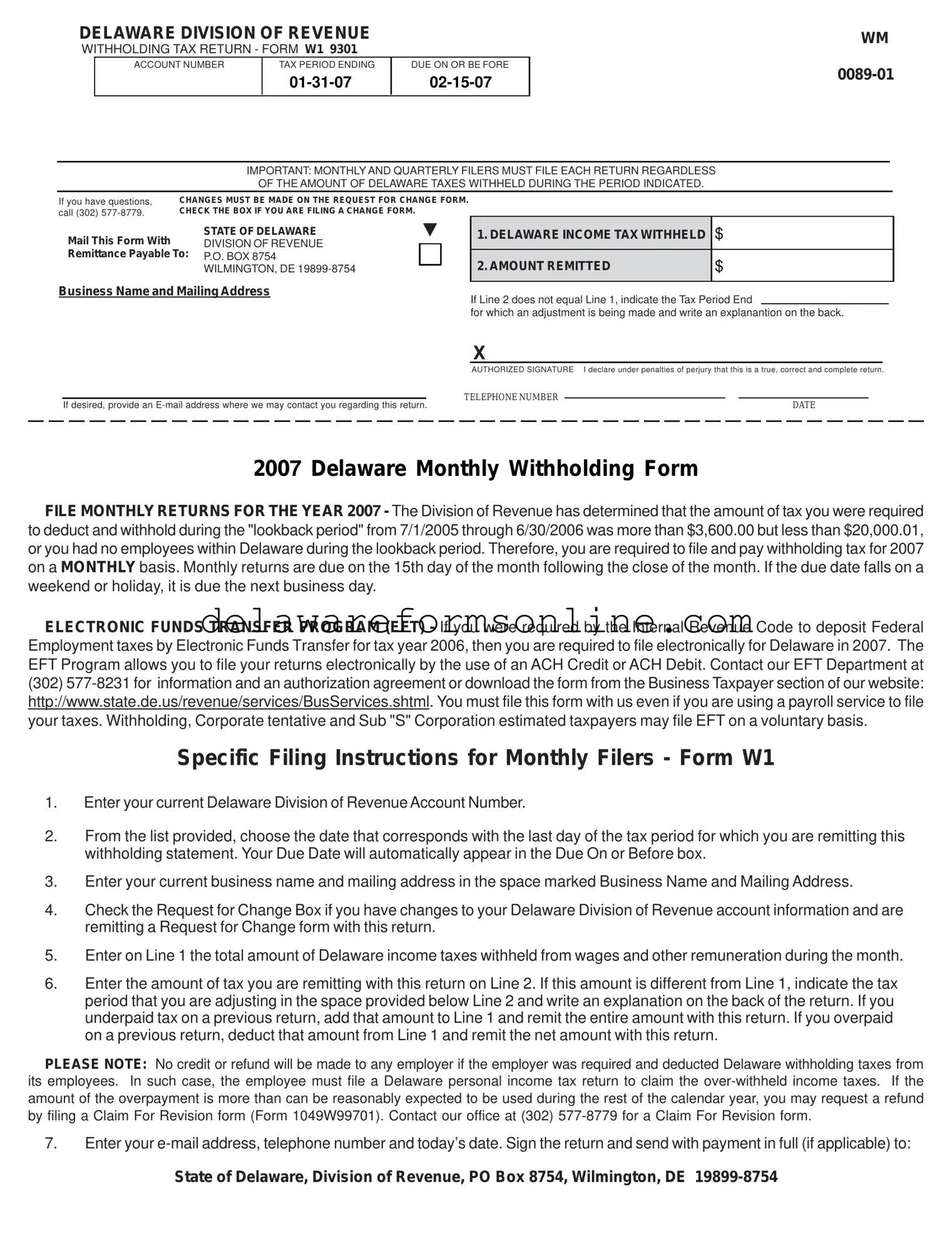 Official Delaware W1 9301 Form in PDF