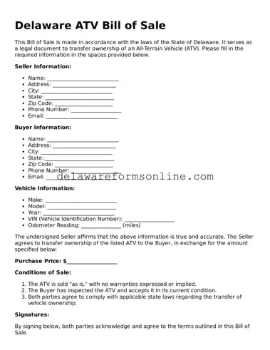 Fillable ATV Bill of Sale Document for the State of Delaware