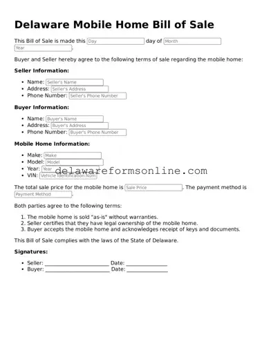 Fillable Mobile Home Bill of Sale Document for the State of Delaware