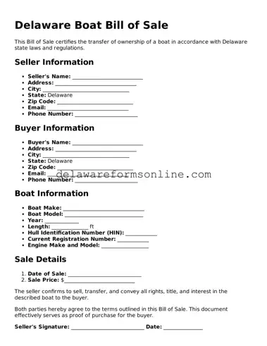 Fillable Boat Bill of Sale Document for the State of Delaware