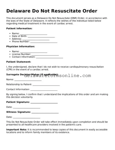 Fillable Do Not Resuscitate Order Document for the State of Delaware